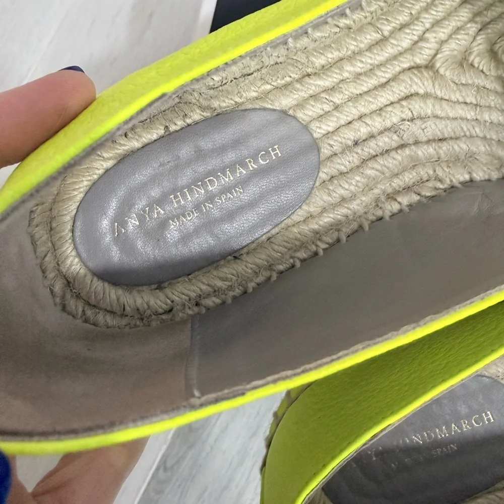 $600 Anya Hindmarch Espadrilles Smiley in Neon Yellow Tumbled Calf Size 38 8 - Picture 5 of 7
